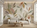 Delikatna fototapeta roślinna do salonu w jasnej kolorystyce z subtelnym motywem liści