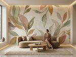 Fototapeta roślinna do salonu w jasnej, naturalnej kolorystyce z delikatnym motywem liści