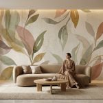 Fototapeta roślinna do salonu w jasnej, naturalnej kolorystyce z delikatnym motywem liści