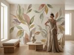 Jasna fototapeta roślinna do salonu z delikatnym motywem liści w naturalnej kolorystyce