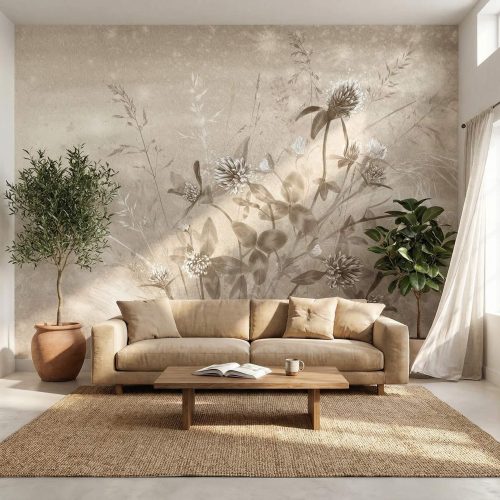 Fototapeta roślinna z motywem łąki i koniczyny na wymiar w jasnym salonie w stylu rustykalnym.
