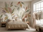 Delikatna fototapeta roślinna do sypialni w jasnej, naturalnej kolorystyce z subtelnym motywem liści
