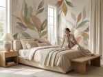 Fototapeta roślinna do sypialni w jasnej, naturalnej kolorystyce z delikatnym motywem liści