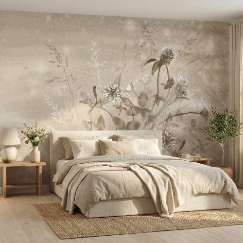 Fototapeta roślinna na wymiar do sypialni z motywem naturalnej łąki i delikatnych traw w jasnym wnętrzu