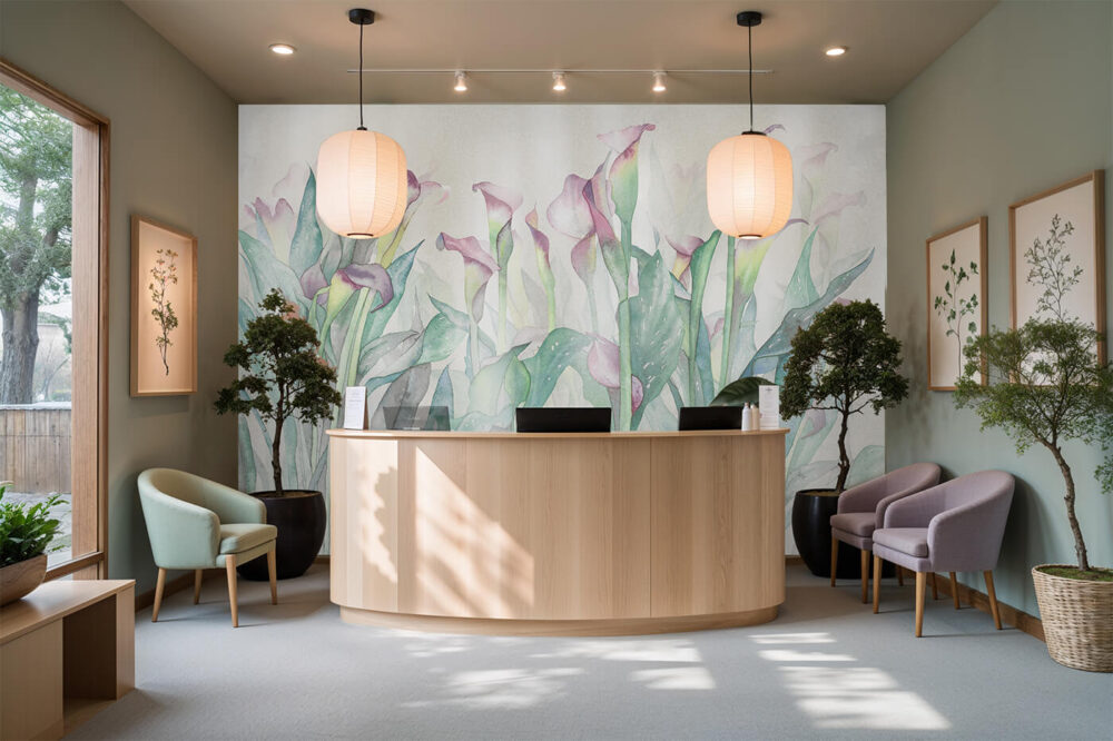 Elegancka fototapeta z motywem roślinnym w kwiaty kalii – dekoracja do salonu kosmetycznego i spa