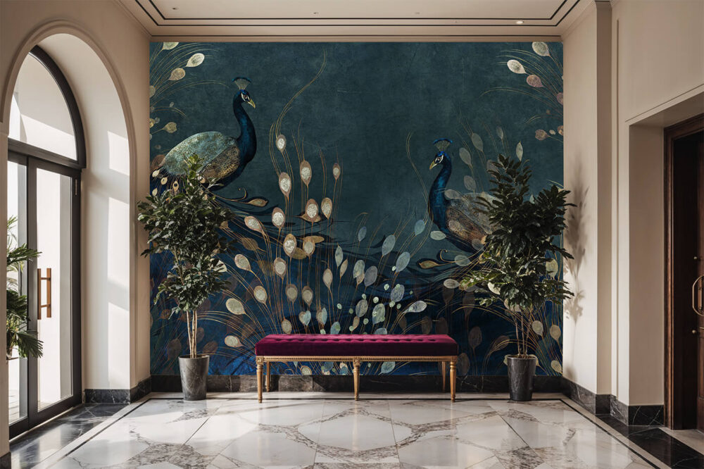 Artystyczna fototapeta Złote Pawie w hotelowym holu z marmurową podłogą. Grafika z pawiem w stylu art déco.