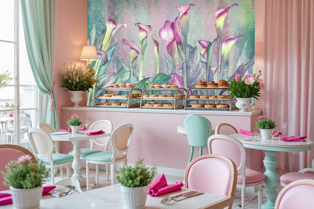 Fototapeta Calla Vivace z kwiatowym motywem w pastelowej kawiarni w stylu retro glamour, z różowymi akcentami i witryną z wypiekami.