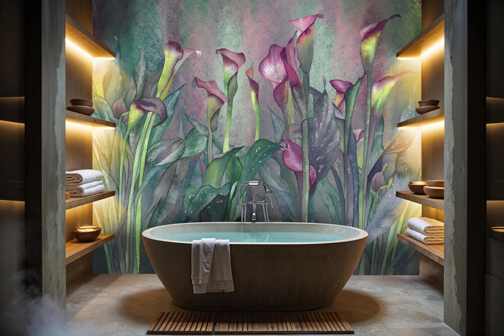 Fototapeta Calla Vivace z motywem kwiatowym w łazience typu spa z wolnostojącą wanną i podświetlanymi półkami z drewnem.