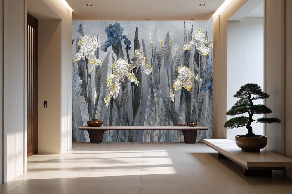 Fototapeta do holu z irysami – Kakitsubata Lumière w eleganckiej przestrzeni z ławką i bonsai w stylu japandi.