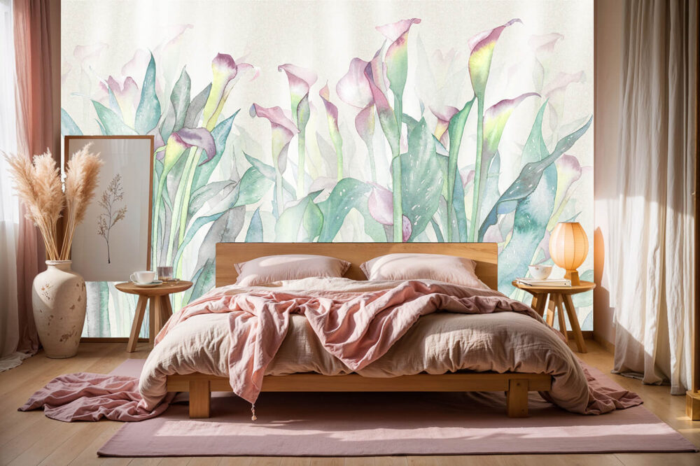 Fototapeta z motywem roślinnym w kwiaty Kalii do sypialni w stylu slow life – jasna, pastelowa aranżacja z naturalnym drewnem i lnianą pościelą.