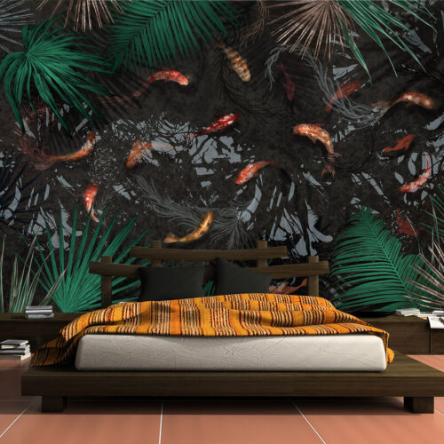 Duże tropikalne liście na tapecie do sypialni