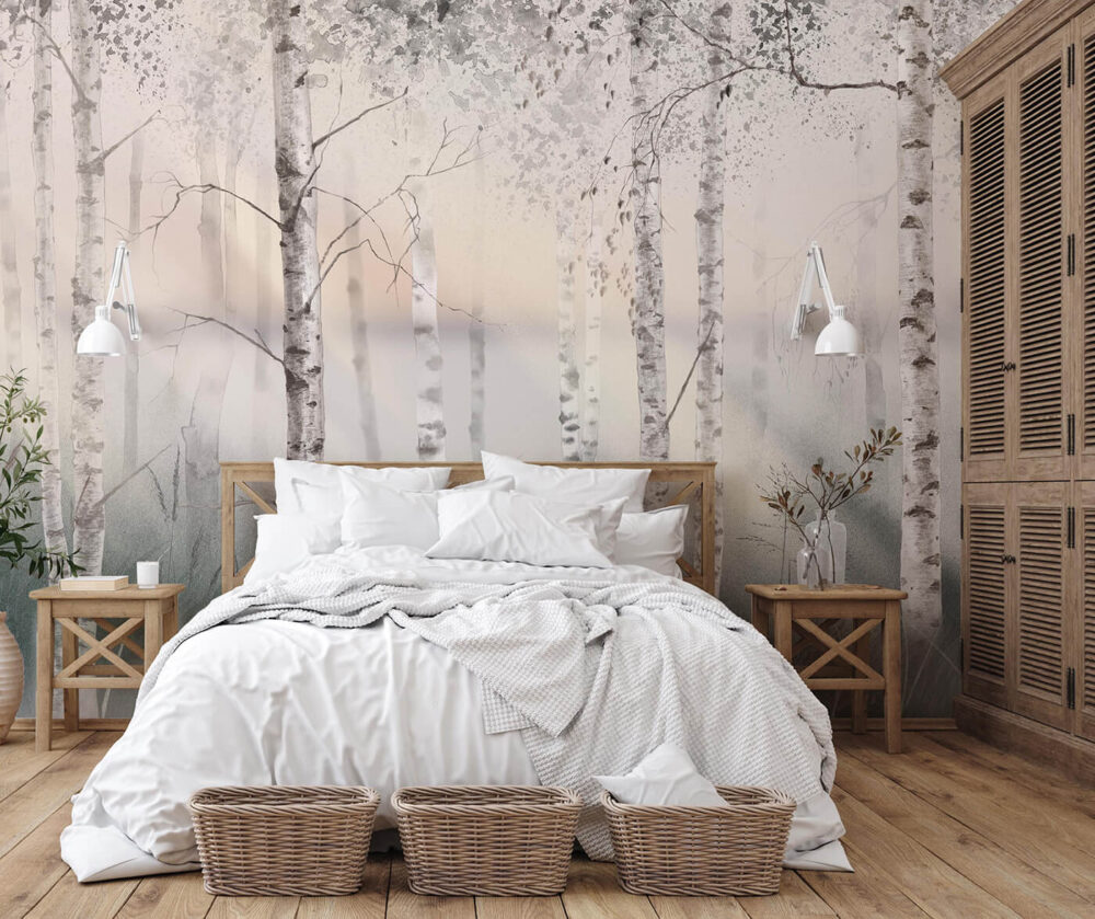 sypialnia w stylu boho - tapeta z lasem