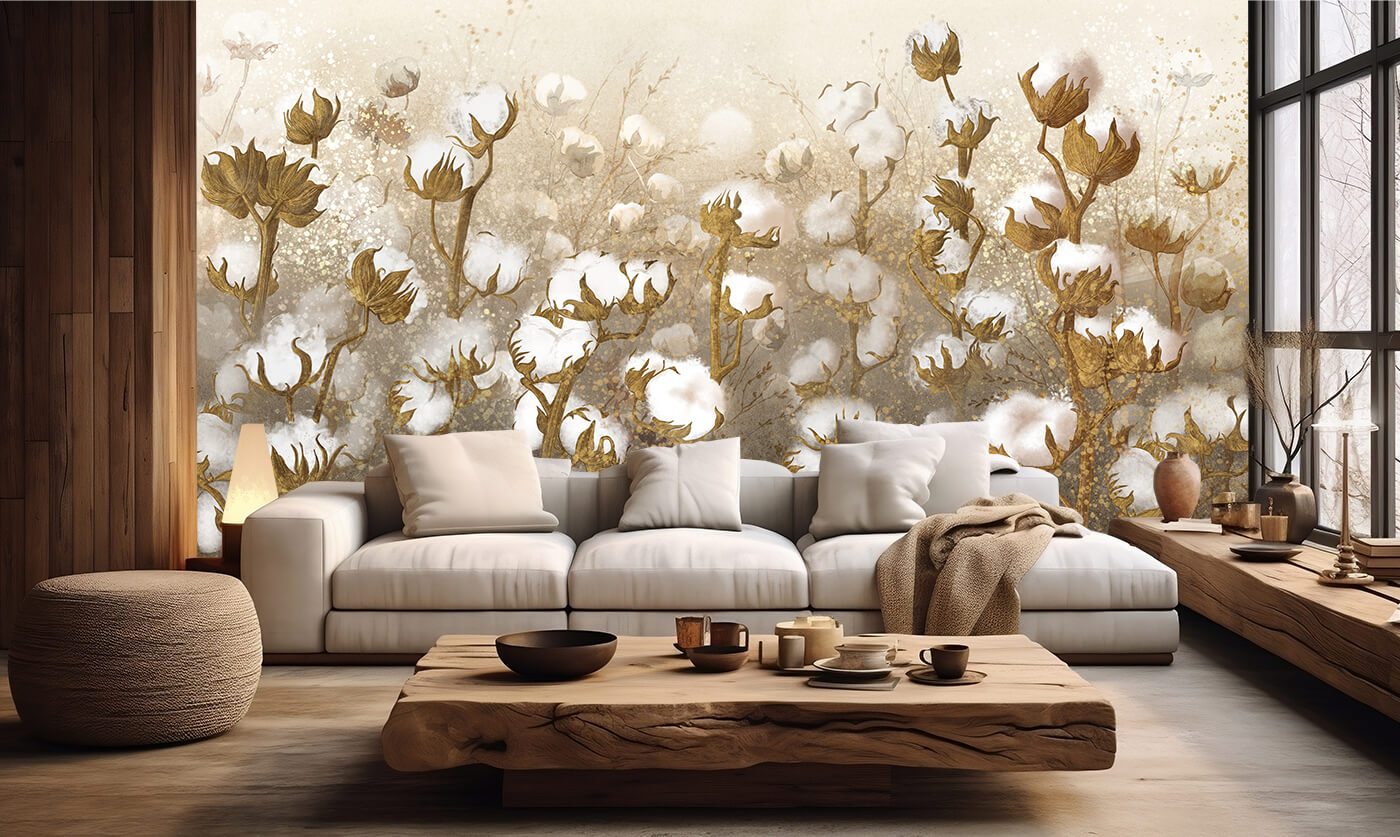 tapety do salonu w stylu rustykalnym - złote kwiaty