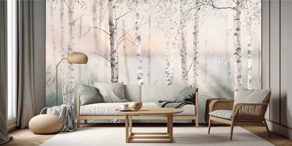 modny salon w leśnym stylu - tapeta roślinna
