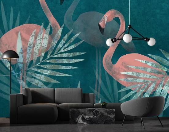 Ciemny wypoczynek w salonie w tle Fototapeta do salonu „Różowe Flamingi” 
