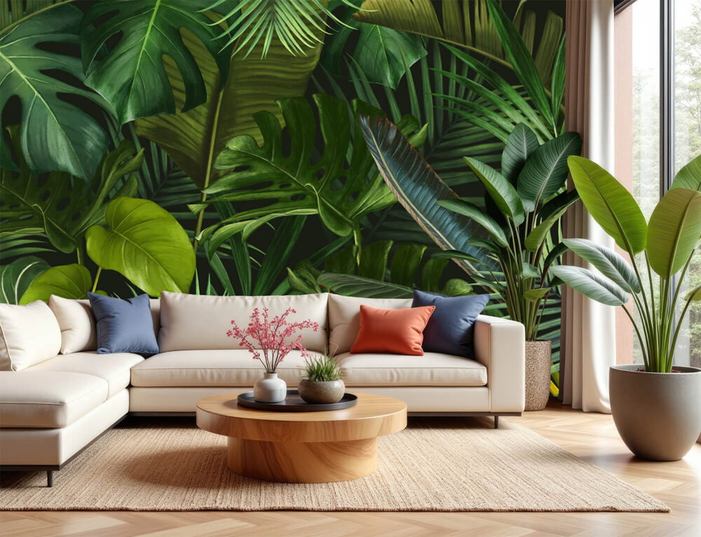 Tapeta Interior z efektem 3D i tropikalnym motywem urban jungle – artystyczna aranżacja wnętrza