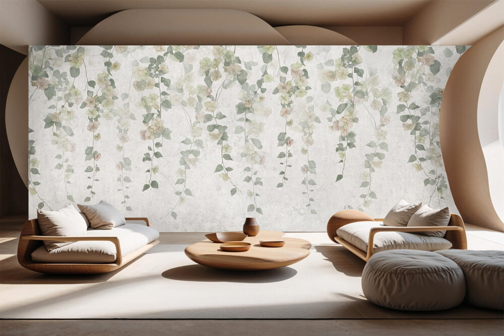 Fototapeta Aurelia Perla z motywem roślinnym w jasnym salonie japandi z organicznymi meblami
