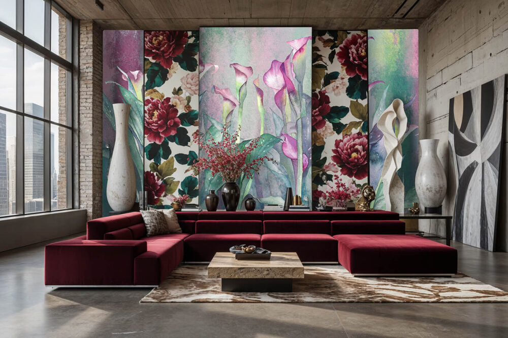 Fototapeta z wyrazistym motywem kwiatowym w artystycznym salonie loftowym, zestawiona z florystycznymi wzorami i elementami glamour.