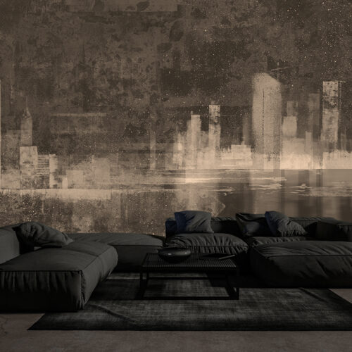 nowoczesny salon w stylu minimalistycznym - tapeta w miasto