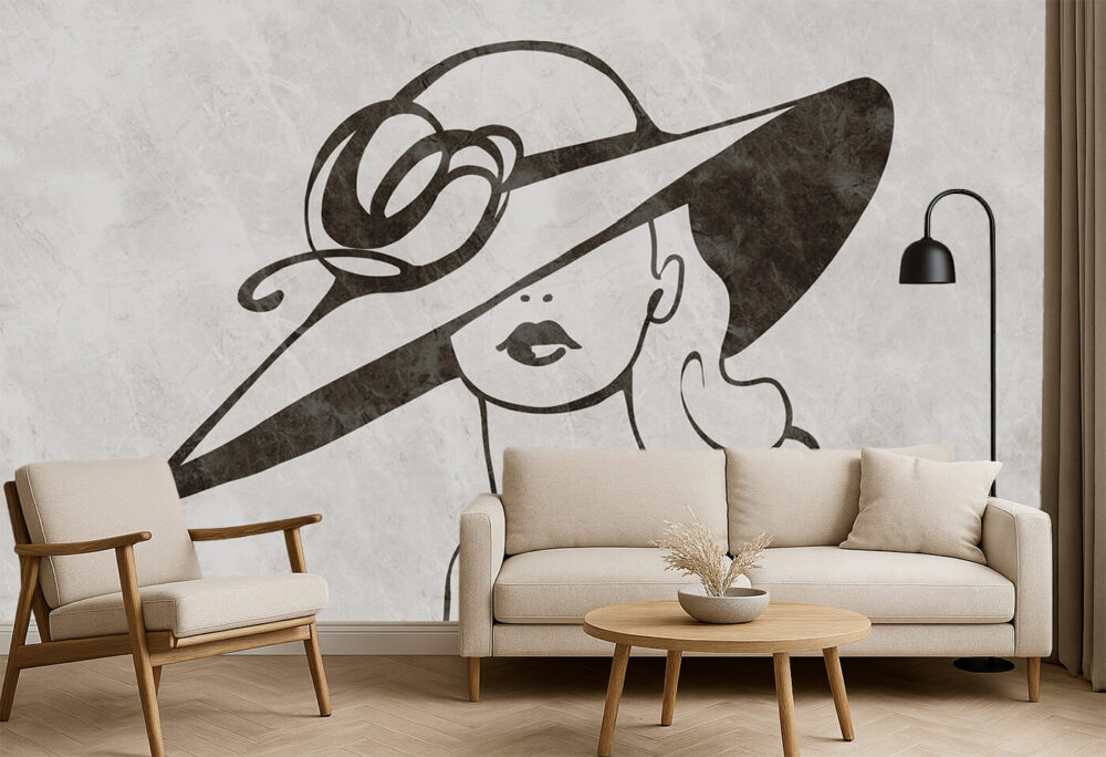 Nowoczesny salon w stylu japandi z przestrzenią do ekspozycji tapety Portret Nieopowiedziany