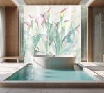 Pastelowa fototapeta roślinna do łazienki w klimacie spa – delikatne liście, kojąca paleta