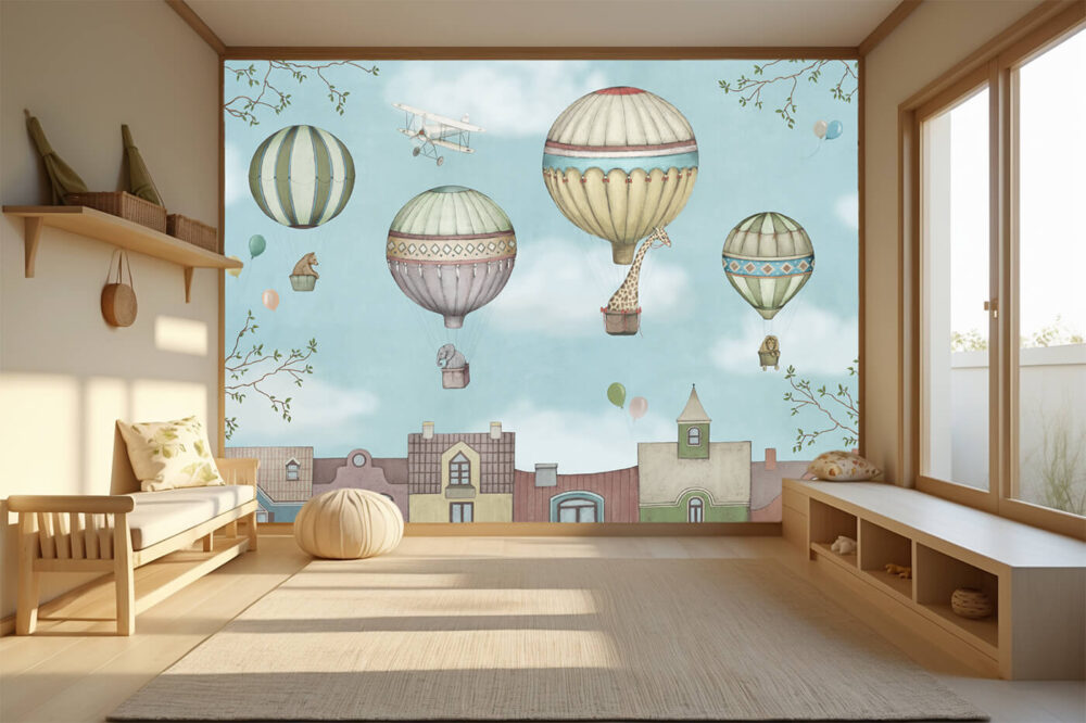 fototapeta „Nad miastem” – żyrafa Karolina z balonami, ilustracja do pokoju dziecka