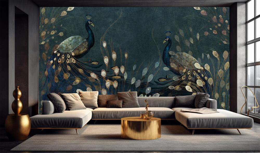 Artystyczna tapeta Złote Pawie w eleganckim salonie w stylu art déco z zieloną sofą i złotymi dodatkami