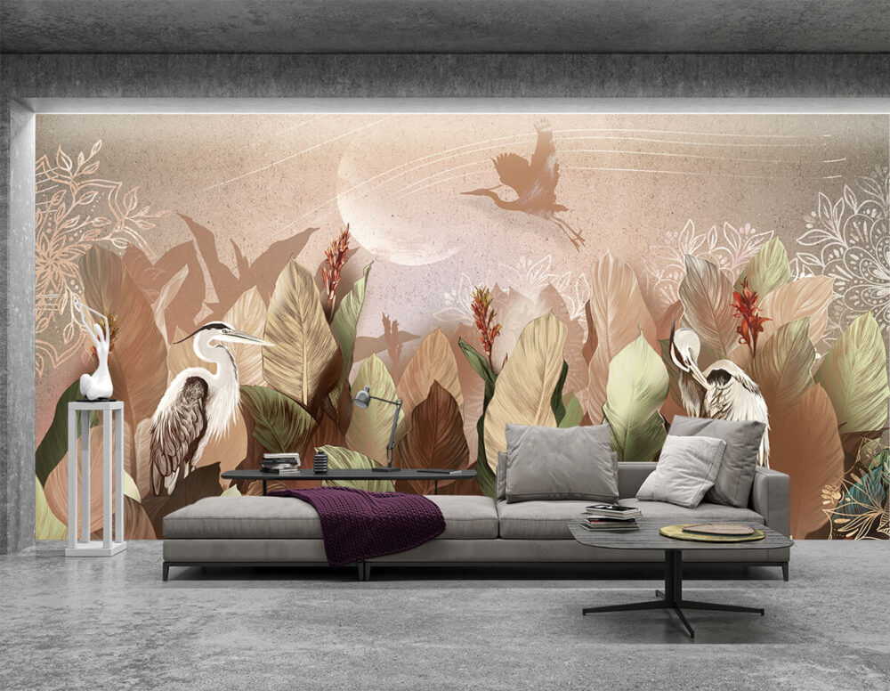 Ciekawe projekty aranżacji salonu - tapety botaniczne