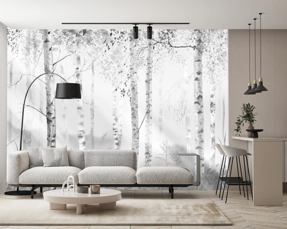 otwarty salon w stylu skandynawskim tapeta roślinna