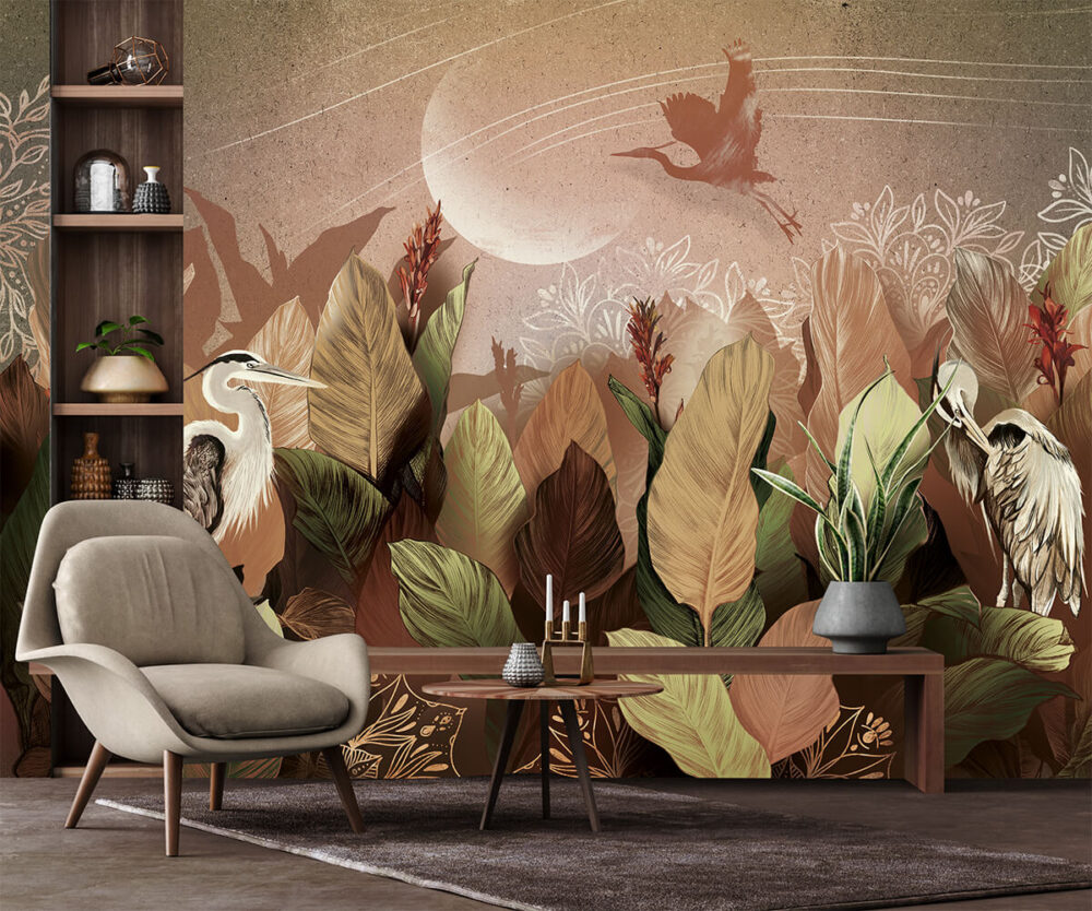 ekskluzywna tapeta do salonu wzory botaniczne