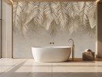 Wodoodporna fototapeta do łazienki – beżowa z liśćmi palmy, spa.